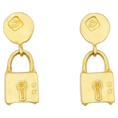 Pre-owned Karl Lagerfeld Vintage Gold Padlock Circle Logo Modernist Drop Pierced Earrings In Multi