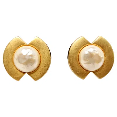 Pre-owned Karl Lagerfeld Vintage Gold-tone Geometric Costume Pearl Clip-on Earrings In Multi