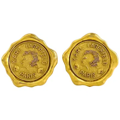 Pre-owned Karl Lagerfeld Vintage Huge  Profile Wax Seal Logo Earrings In Brown