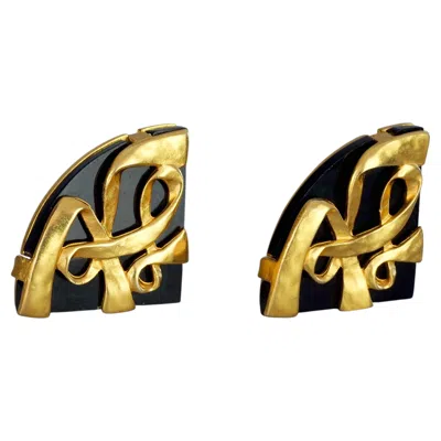 Pre-owned Karl Lagerfeld Vintage Iconic  Kl Logo Black Resin Fan Earrings