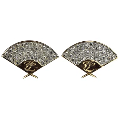 Pre-owned Karl Lagerfeld Vintage Iconic  Logo Fan Rhinestone Earrings In Gray