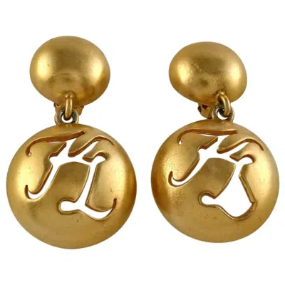 Pre-owned Karl Lagerfeld Vintage  Dancing Couple Logo Cutout Dome Earrings In Brown