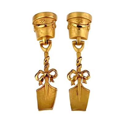 Pre-owned Karl Lagerfeld Vintage  Flower Pot Shovel Gardening Novelty Earrings In Brown