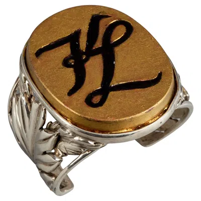 Pre-owned Karl Lagerfeld Vintage  Gold Oval Kl Logo Silver Filigree Cuff Bracelet In Multi