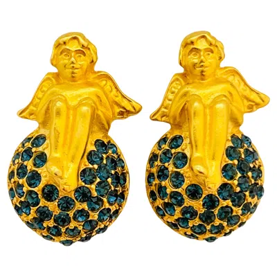 Pre-owned Karl Lagerfeld Vintage  Gold Sapphire Cherub Designer Runway Clip On Earrings In Blue