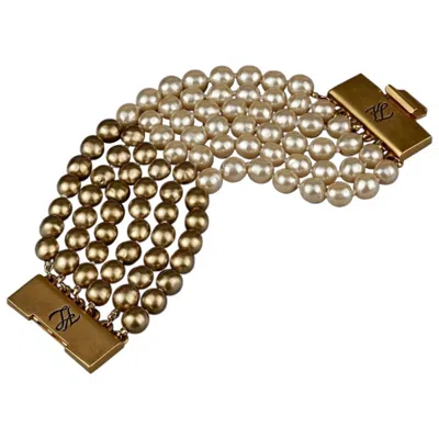 Pre-owned Karl Lagerfeld Vintage  Kl Logo Multi Strand Two Tone Pearl Cuff Bracelet In Brown