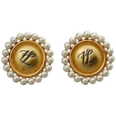 Pre-owned Karl Lagerfeld Vintage  Kl Logo Pearl Earrings In Brown