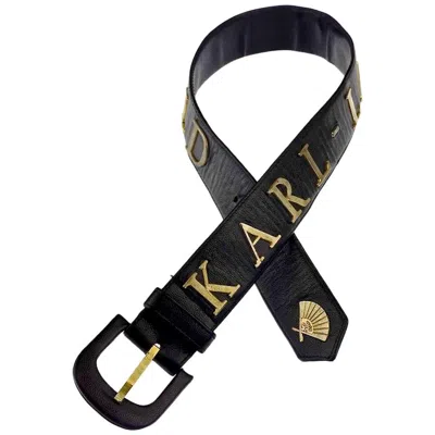 Pre-owned Karl Lagerfeld Vintage  Logo Fan Spell Out Leather Belt In Black
