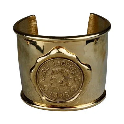 Pre-owned Karl Lagerfeld Vintage  Logo Wax Seal Coin Medallion Cuff Bracelet In Brown