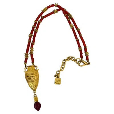 Pre-owned Karl Lagerfeld Vintage  Matte Gold Coral Designer Runway Necklace In Red