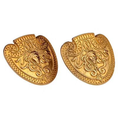 Pre-owned Karl Lagerfeld Vintage  Medusa Shield Earrings In Brown