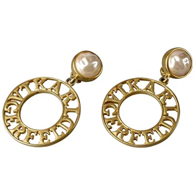 Pre-owned Karl Lagerfeld Vintage  Pearl Spelled Out Openwork Hoop Dangling Earrings In Brown