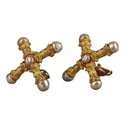 Pre-owned Karl Lagerfeld Vintage  Roman Pillar Cross Pearl Earrings In Brown