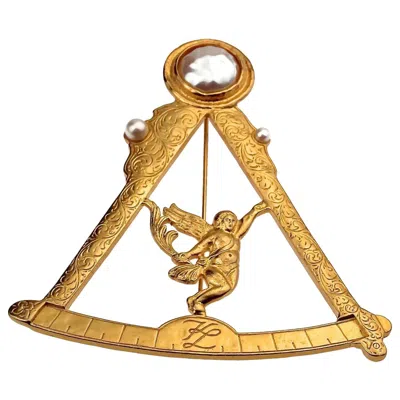 Pre-owned Karl Lagerfeld Vintage  Scale Angel Cherub Pearl Logo Novelty Brooch In Sand
