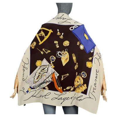 Pre-owned Karl Lagerfeld Vintage  "treasure Island" Iconic Jewelry Print Silk Scarf In Sand