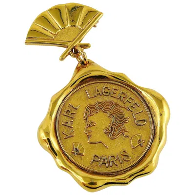 Pre-owned Karl Lagerfeld Vintage Massive Gold Toned Wax Seal And Fan Brooch In Brown
