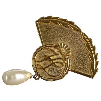 Pre-owned Karl Lagerfeld Vintage Massive  Kl Logo Iconic Fan Pearl Drop Brooch In Brown