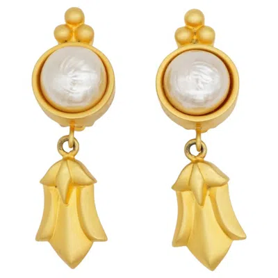 Pre-owned Karl Lagerfeld Vintage Matte Bow Circle White Pearl Leaf Drop Gold Clip Earrings