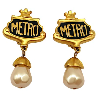 Pre-owned Karl Lagerfeld Vintage Parisian Metro Station Sign Dangle Earrings In Multi