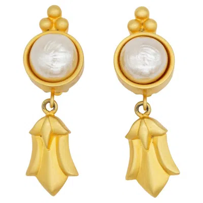 Pre-owned Karl Lagerfeld Vintage Rare Gold Matte Bow Circle White Pearl Leaf Drop Earrings