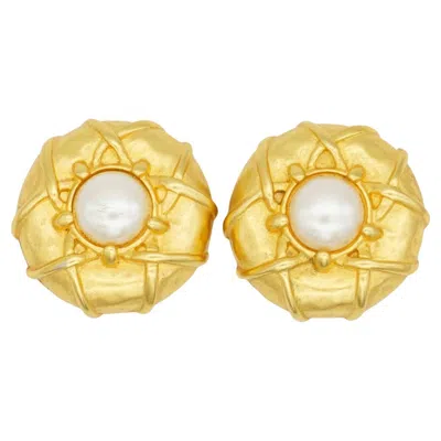 Pre-owned Karl Lagerfeld Vintage Rare Gold Matte Cross Circle Round White Pearl Earrings