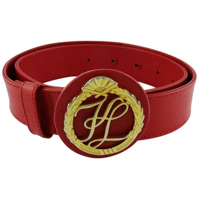 Pre-owned Karl Lagerfeld Vintage Red Grained Leather Belt With Gold Toned Logo Buckle