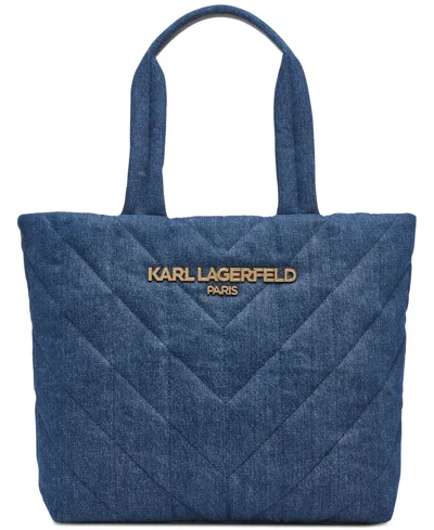 Karl Lagerfeld Voyage Large Quilted Denim Tote Bag In Washed Denim