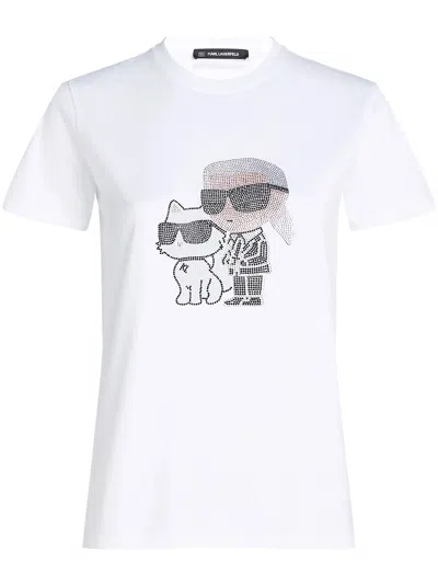 Karl Lagerfeld Ikon Karl & Choupette Rhinestone T-shirt In White