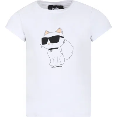 Karl Lagerfeld Kids' White T-shirt For Girl With Choupette Print And Logo