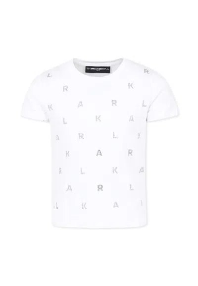 Karl Lagerfeld Kids' White T-shirt For Girl With Rhinestone Logo