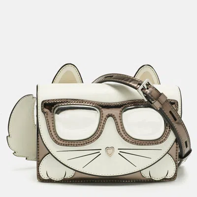Pre-owned Karl Lagerfeld White/grey Patent And Leather Ikonik Choupette Crossbody Bag