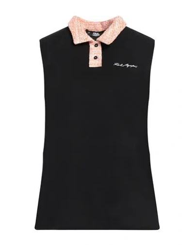 Karl Lagerfeld Woman Polo Shirt Black Size L Organic Cotton, Polyester, Cotton, Acrylic