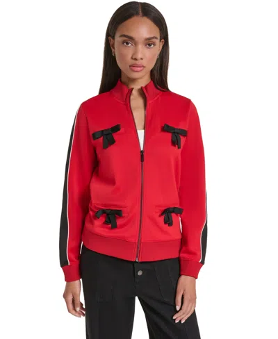 Karl Lagerfeld Women's 3d Bow Mock-neck Zipper Jacket In Red
