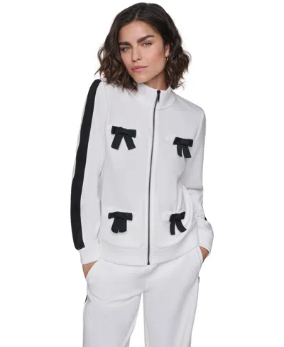Karl Lagerfeld Women's 3d Bow Mock-neck Zipper Jacket In White