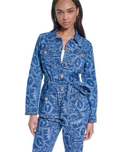 Karl Lagerfeld Women's All-over Print Denim Trench Jacket In Medium Indigo