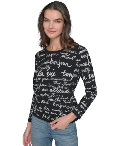 Karl Lagerfeld Women's Allover Script Sweater In Black  White