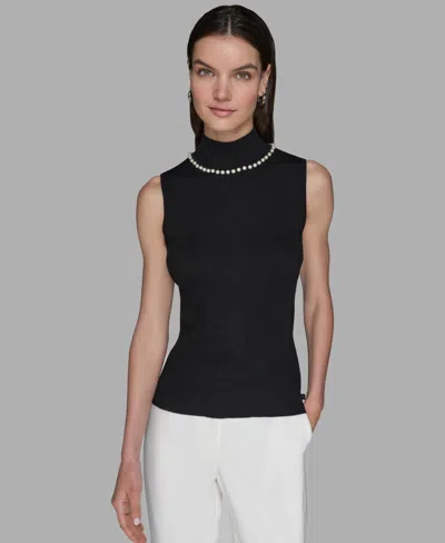 Karl Lagerfeld Women's Bead-embellished Sleeveless Mock-neck Top In Black