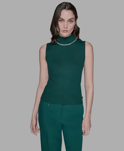 Karl Lagerfeld Women's Bead-embellished Sleeveless Mock-neck Top In Green