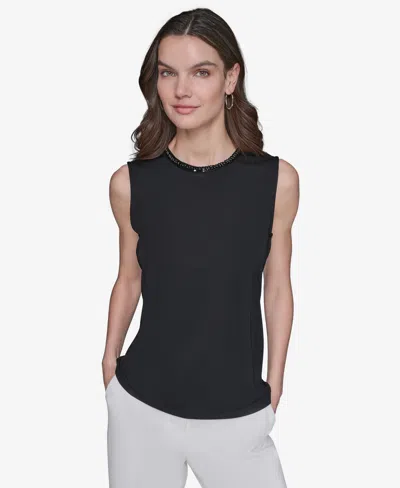 Karl Lagerfeld Women's Bead-trim Sleeveless Top In Black