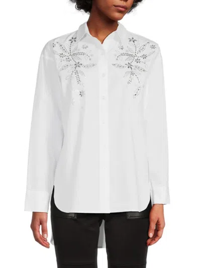 Karl Lagerfeld Women's Beaded Floral Button Down Shirt In White