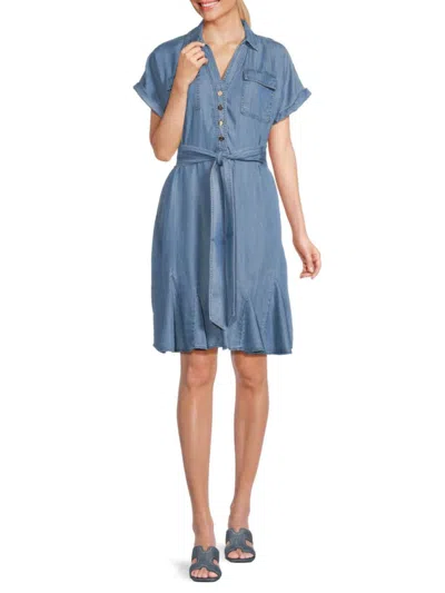 Karl Lagerfeld Women's Belted Chambray Mini Dress In Blue