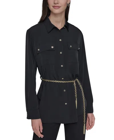 Karl Lagerfeld Women's Belted Chest-pocket Top In Black
