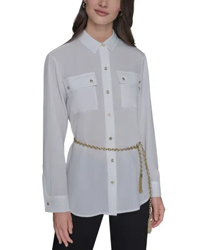 Karl Lagerfeld Women's Belted Chest-pocket Top In White