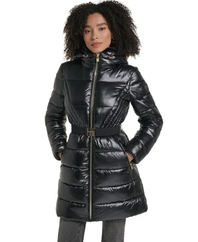Karl Lagerfeld Women's Belted Faux Fur Collar Hooded Puffer Coat In Black