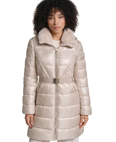 Karl Lagerfeld Women's Belted Faux Fur Collar Hooded Puffer Coat In Champagne