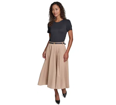 Karl Lagerfeld Belted Mixed Media Midi Dress In Brown