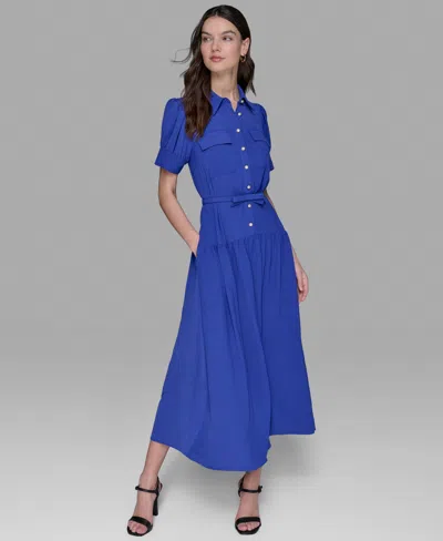Karl Lagerfeld Women's Belted Puff-sleeve Midi Shirtdress In Blue