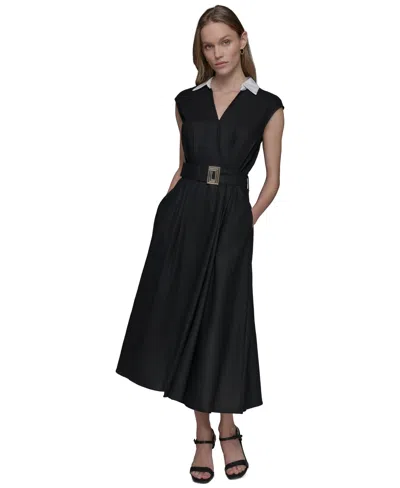 Karl Lagerfeld Women's Belted Short-sleeve Midi Dress In Blk,sft Wt
