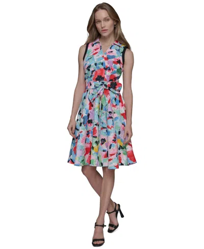 Karl Lagerfeld Women's Belted Sleeveless Tweed Dress In Sf Wh,bl H