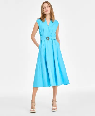 Karl Lagerfeld Women's Belted V-neck Midi Dress In Blue Hydra